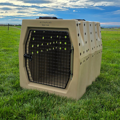 A beige plastic pet dog crate carrier with a black wire door and ventilation holes, sitting on a green grassy field under a cloudy blue sky